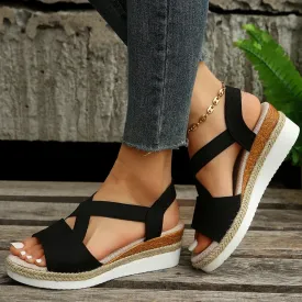 Women's Solid Color Wedge Sandals with Ankle Strap