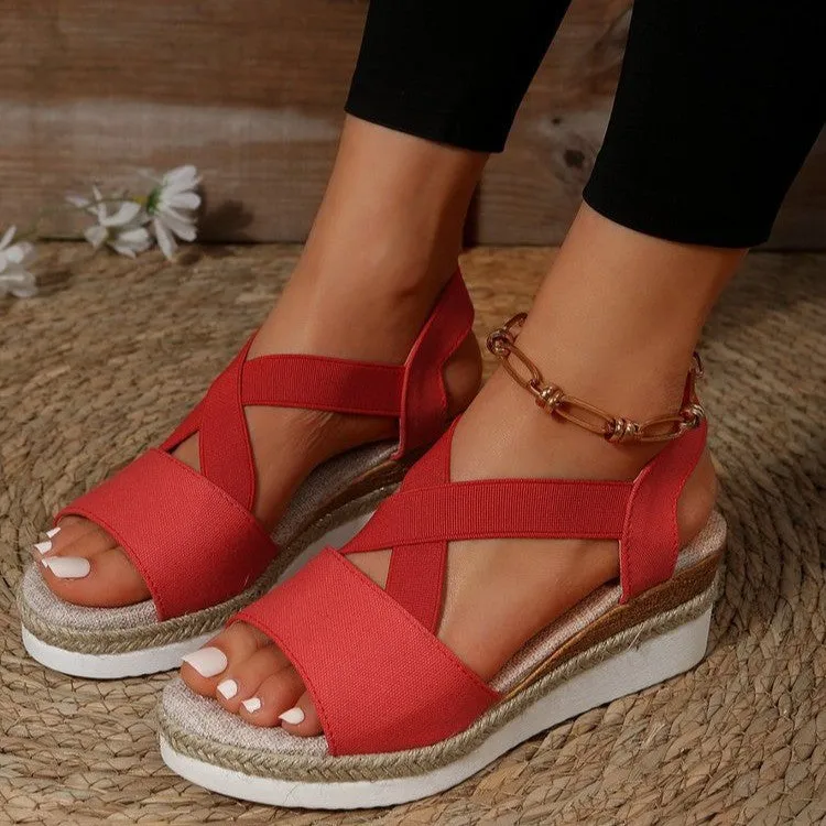 Women's Solid Color Wedge Sandals with Ankle Strap
