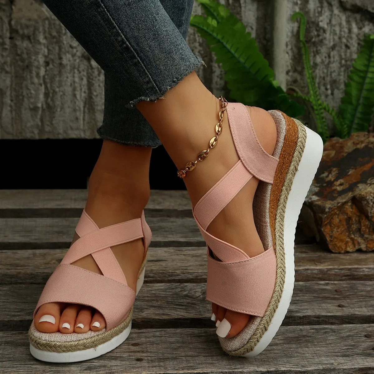 Women's Solid Color Wedge Sandals with Ankle Strap