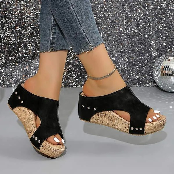 Women's Wedge Fish Mouth Thick Sole Studded Sandals 79377928C